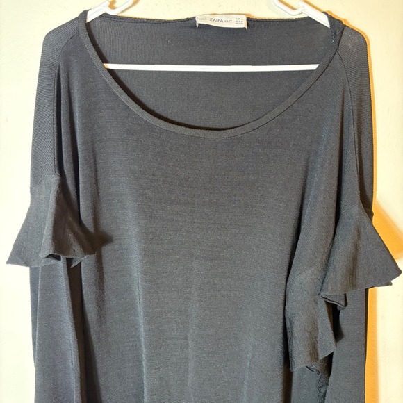 Zara Knit Black Dress Long Sleeve Ruffle Detail Drop Waist Size Medium - Picture 2 of 6